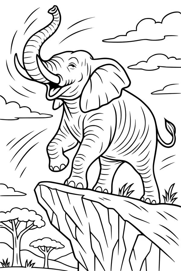 Free Elephant Coloring Page - Happy Elephant on Rocky Cliff (Printable PDF)