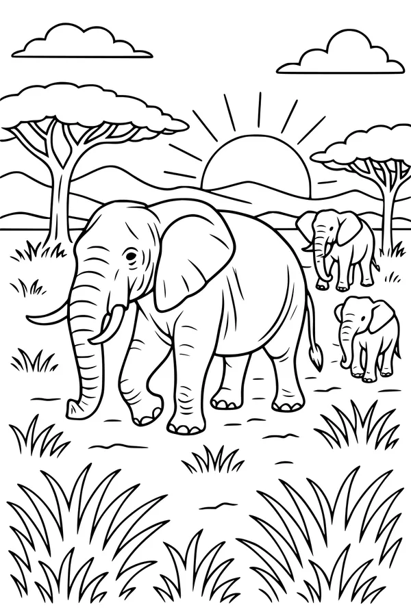Free Elephant Coloring Page - Family Walk on the Savanna (Printable PDF)