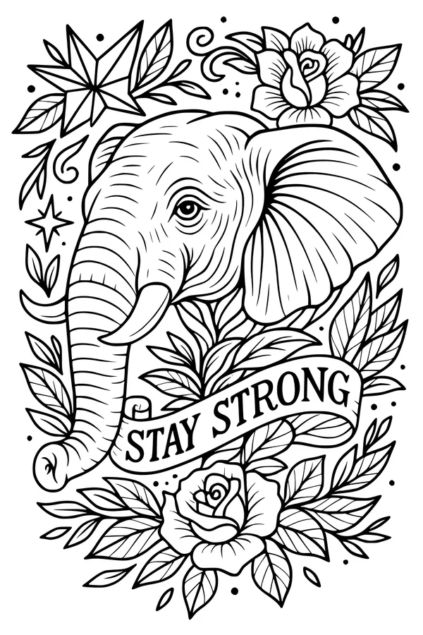 Free Elephant Coloring Page - Stay Strong With Magic Flowers (Printable PDF)