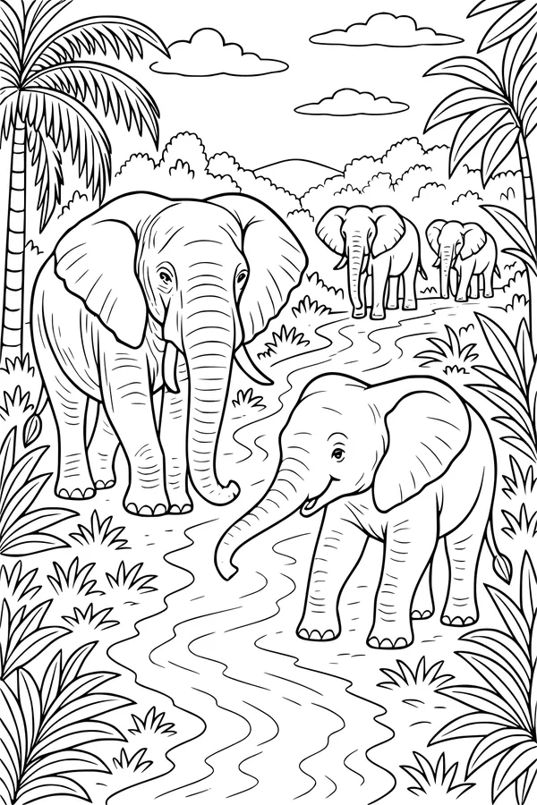 Free Elephant Coloring Page - Mother And Calf By Jungle River (Printable PDF)