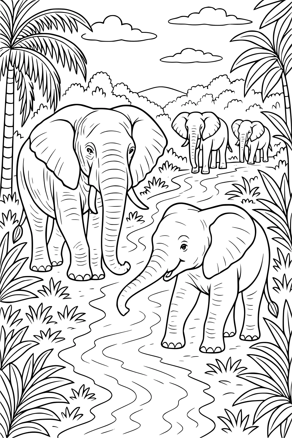 Mother elephant and calf by a river with three more elephants in the background, surrounded by grass and palm trees.