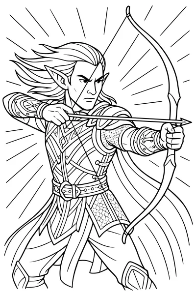 Free Elf Archer Coloring Page - Wind-Haired Warrior Aiming His Bow (Printable PDF)