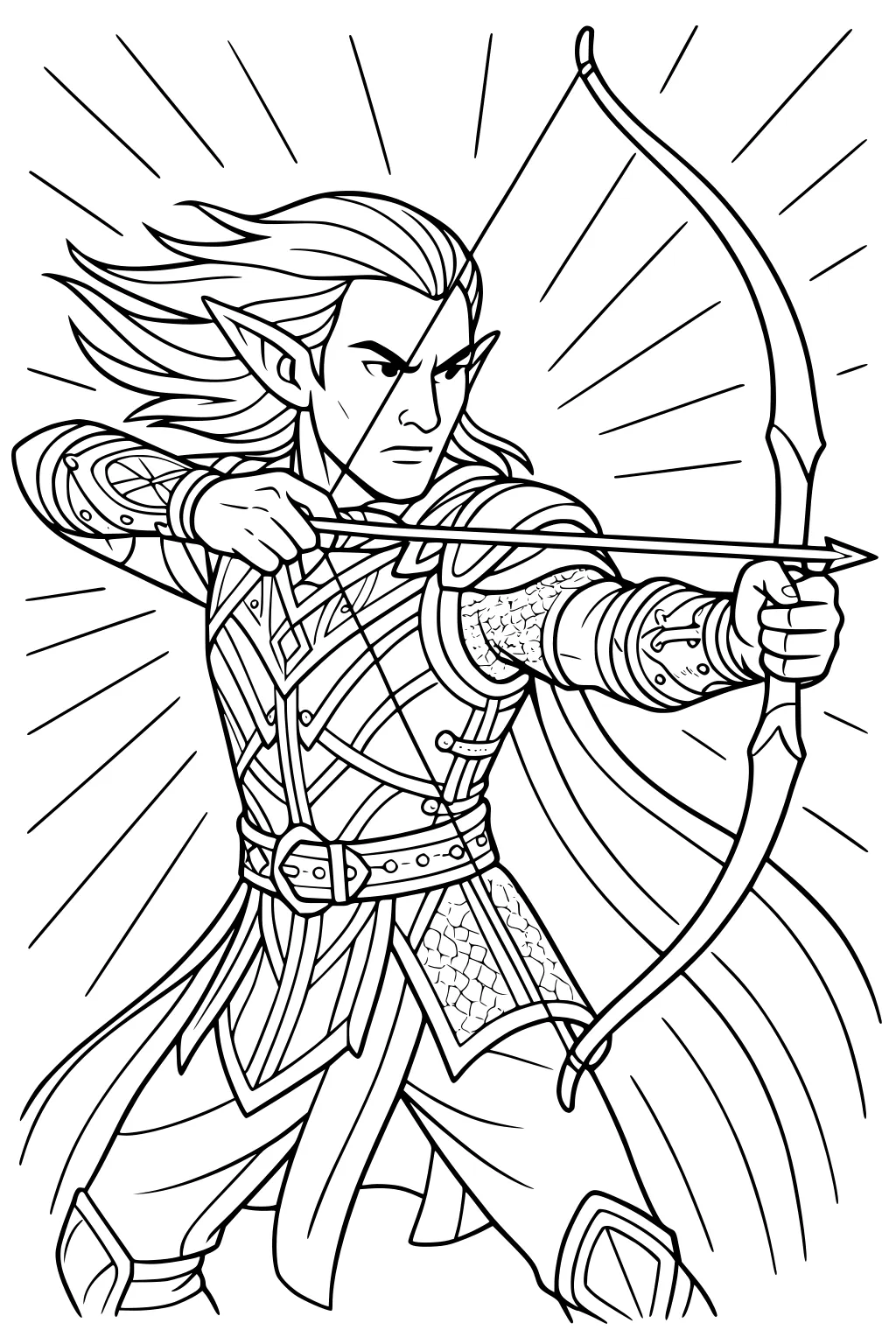 Male elf archer with long hair draws a bow, wearing ornate armor and a cape, with rays behind him in an action pose.