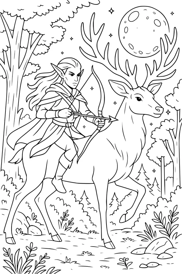 Free Elf Archer Coloring Page - Moonlight Stag Ride in Enchanted Forest (Printable PDF)