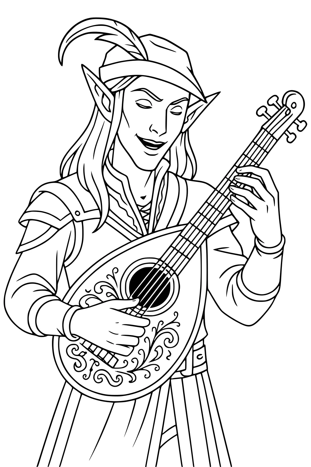 Elf bard boy with feathered hat playing ornate lute, smiling and strumming, pointed ears, long hair, detailed tunic.