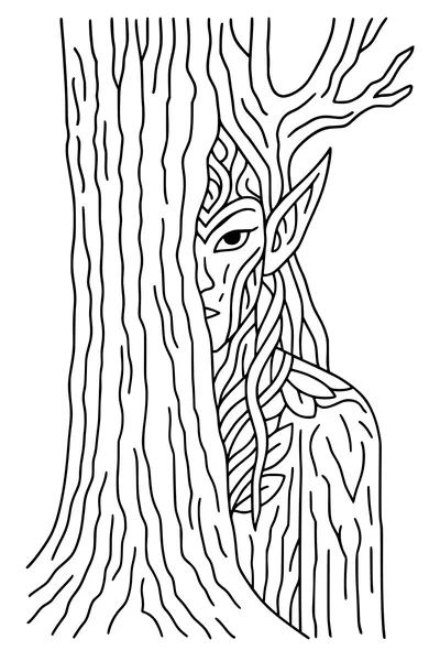 Free Elf Coloring Page - Forest Elf Girl Behind Tree (Printable PDF)