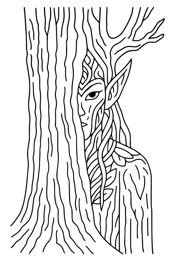 Free Elf Coloring Page - Forest Elf Girl Behind Tree (Printable PDF)