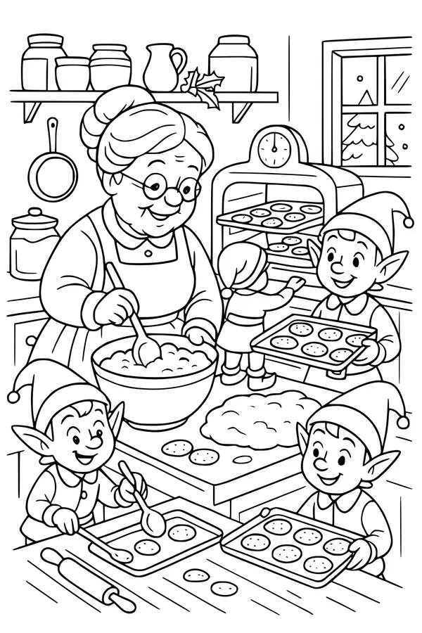 Free Christmas Elf Coloring Page - Grandma Baking Cookies in a Cozy Kitchen (Printable PDF)