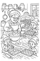 Free Christmas Elf Coloring Page - Grandma Baking Cookies in a Cozy Kitchen (Printable PDF)