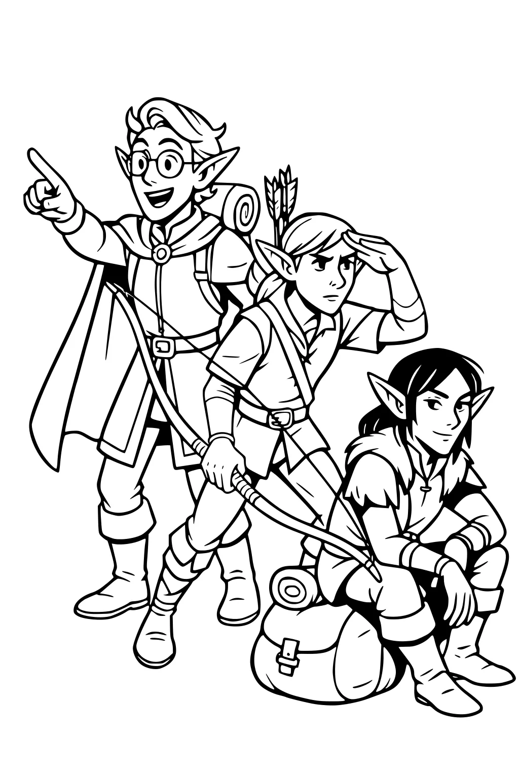 Three elves: caped boy points, boy archer shades his eyes with a bow and quiver, seated long-haired girl smiles beside a packed bag.
