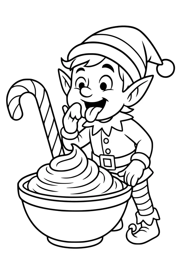 Free Elf Coloring Page - Christmas Boy Elf Tasting Frosting (Printable PDF)