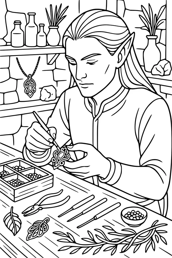 Free Elf Jeweler Coloring Page - Crafting a Pendant at the Workbench (Printable PDF)