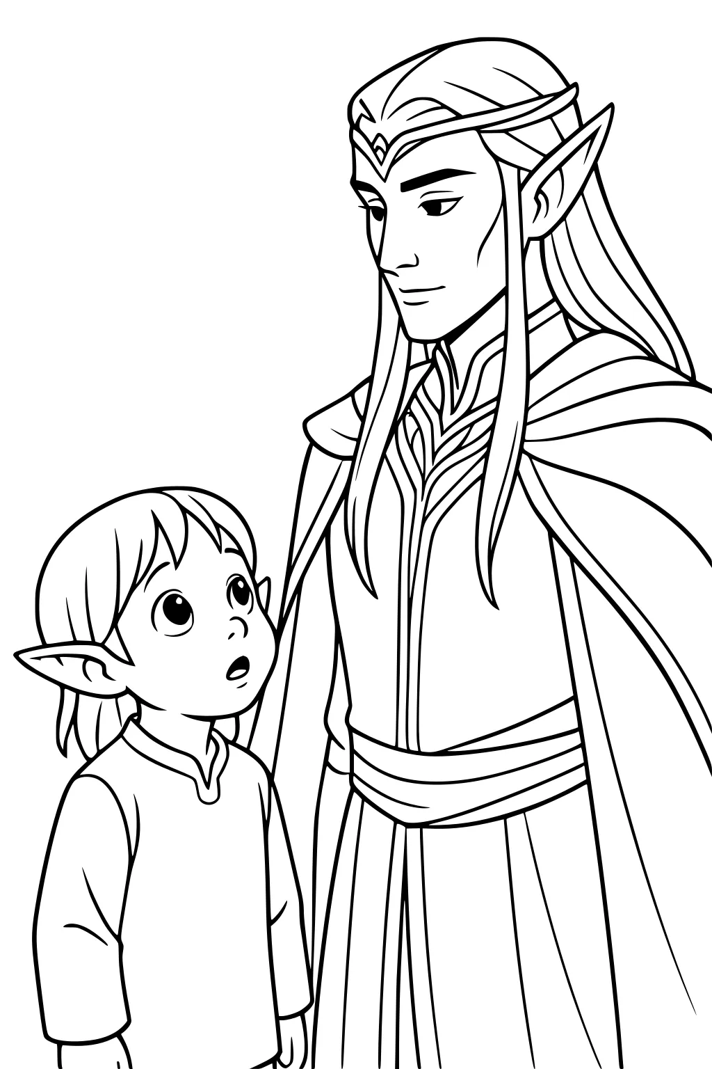 Tall elf man in robe and circlet looks kindly at a small elf boy gazing up, both with pointed ears, simple line art.