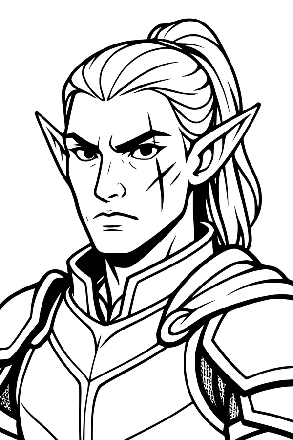 Free Elf Knight Coloring Page - Brave Warrior With Cheek Scar (Printable PDF)