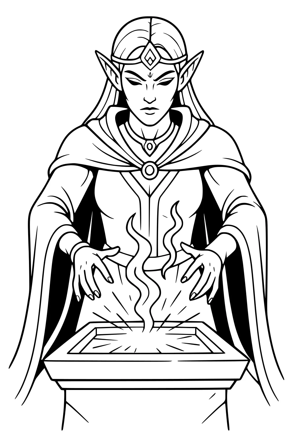 Female elf mage with tiara and cloak holds hands over a glowing basin on a pedestal, swirls of magic rising.