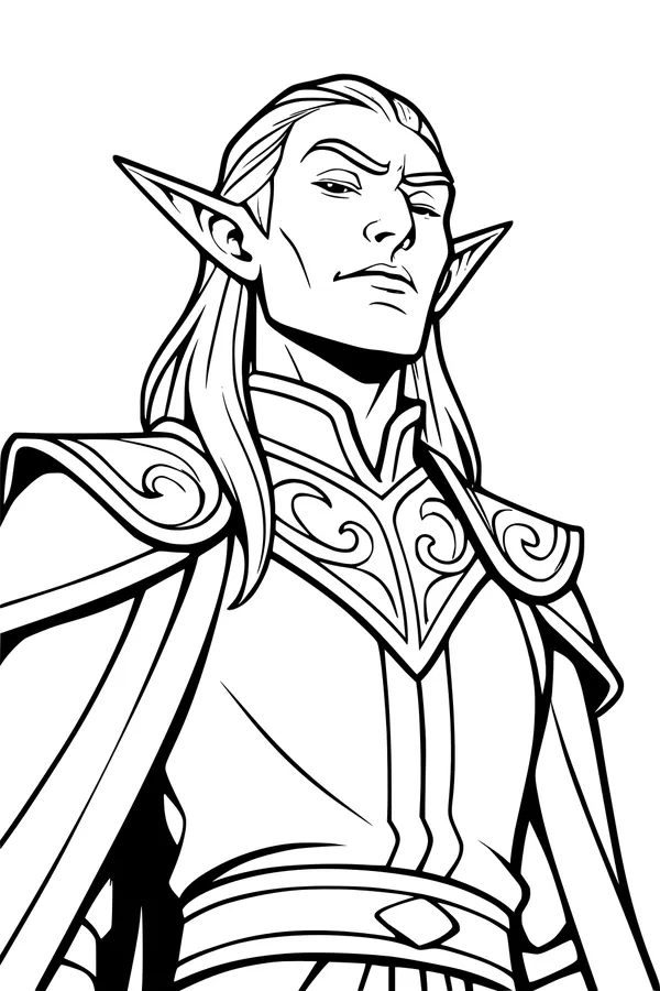 Free Elf Prince Coloring Page - Regal Portrait In Swirly Armor (Printable PDF)