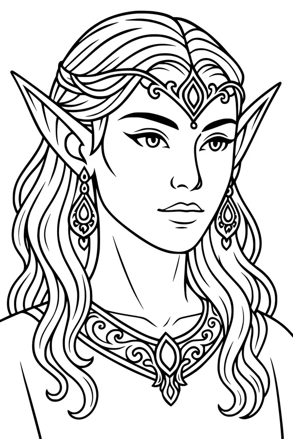 Free Elf Princess Coloring Page - Moonlit Fantasy Portrait (Printable PDF)