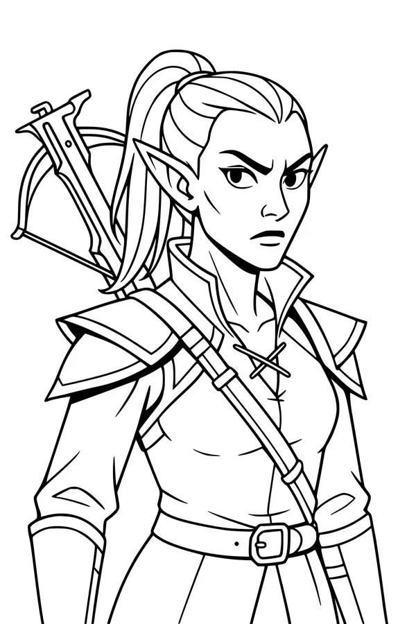 Free Elf Ranger Coloring Page - Brave Female Warrior Portrait (Printable PDF)
