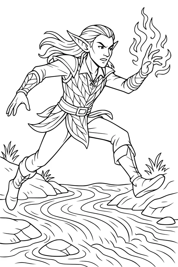 Free Elf Coloring Page - Magic Fire Spell Over Rocky River (Printable PDF)