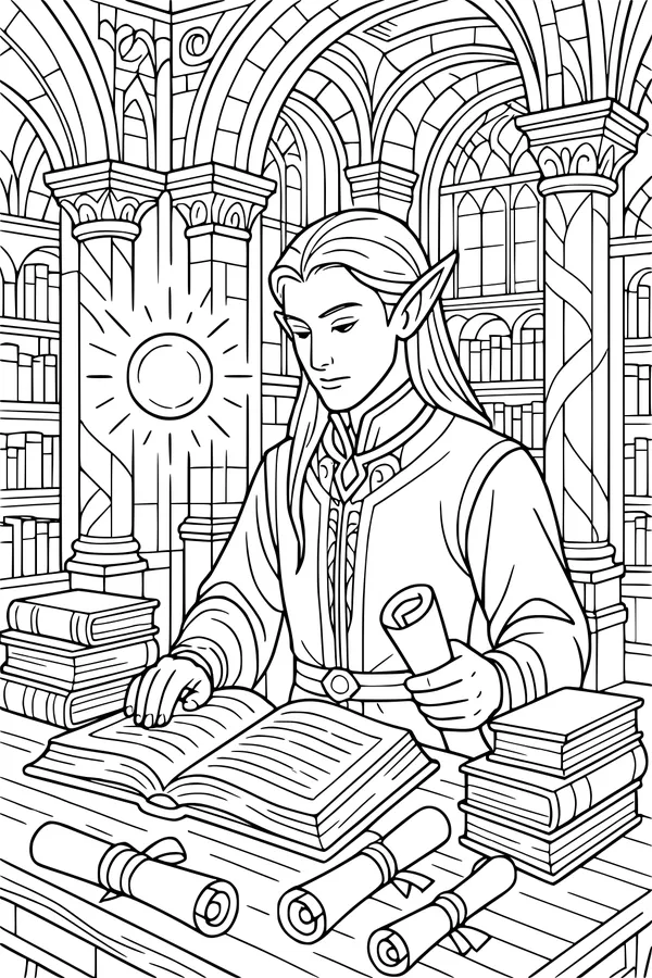Free Elf Coloring Page - Scholar in Sunlit Fantasy Library (Printable PDF)
