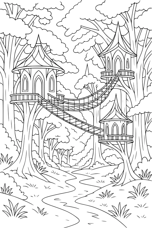 Free Elf Treehouse Coloring Page - Rope Bridges in a Fantasy Forest (Printable PDF)