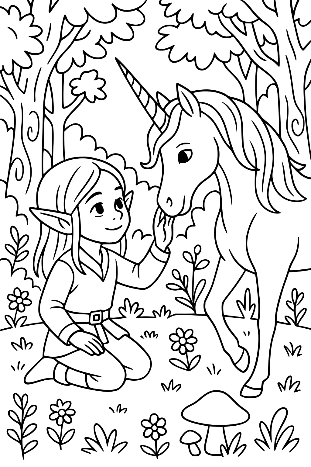 Elf girl kneels in a forest clearing, gently touching a unicorn's nose; flowers, mushrooms, grass, and tall trees surround them.