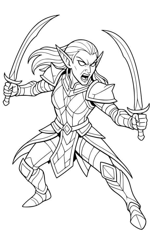 Free Elf Warrior Coloring Page - Elf Girl Guardian With Twin Swords (Printable PDF)