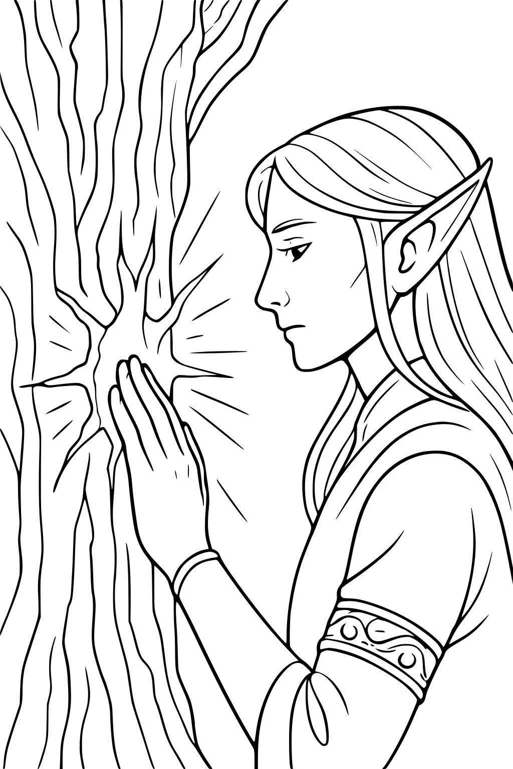 Boy elf with long hair presses hand to a glowing tree trunk; side profile, pointed ear, robe band, light rays around the touch.