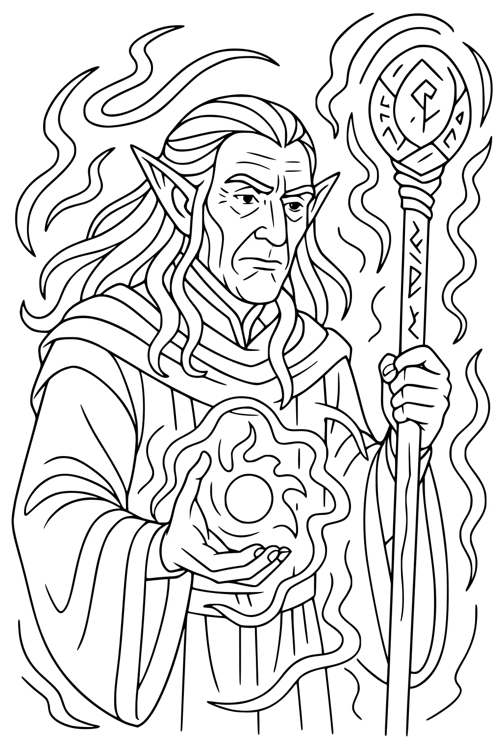 Old male elf wizard with long hair holds a staff with runes and a glowing orb with flames, wavy magic lines around him.