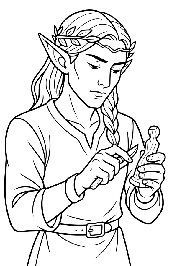 Free Elf Coloring Page - Leaf-Crowned Boy Carving Wood Toy (Printable PDF)