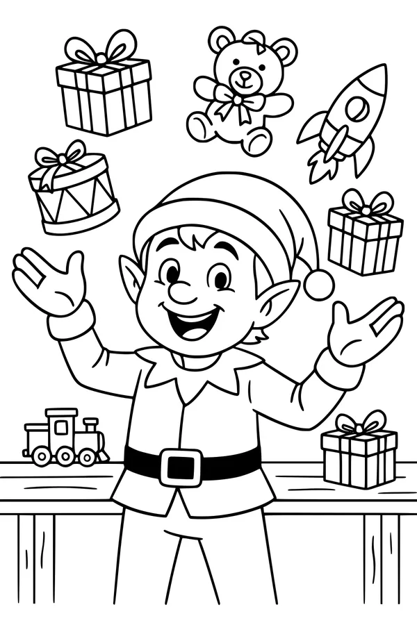 Free Christmas Elf Coloring Page - Santa's Workshop Toy Scene (Printable PDF)