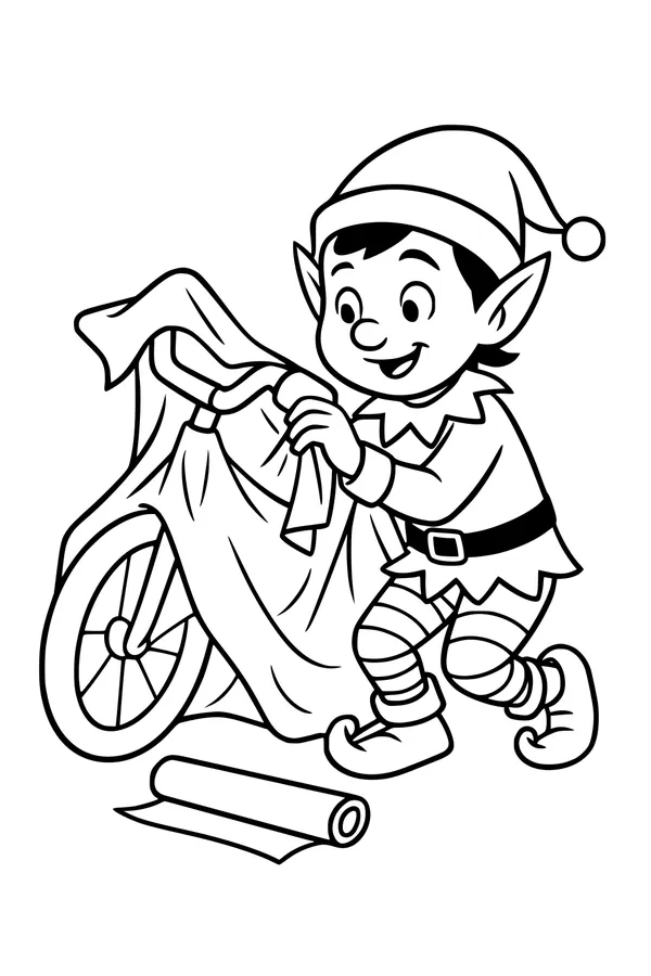 Free Christmas Elf Coloring Page - Wrapping a Big Bicycle Gift (Printable PDF)