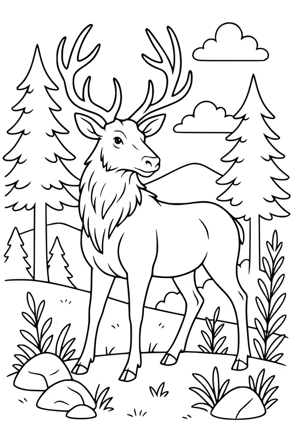 Free Elk Coloring Page - Big Antlers in Forest Clearing (Printable PDF)