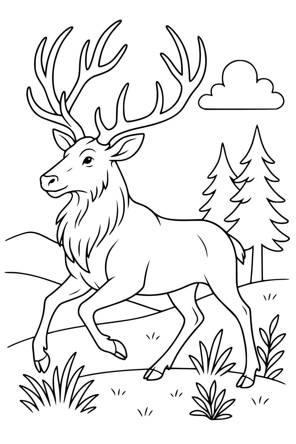 Elk with large antlers walks in grass, two pine trees, cloud, and hills in background.