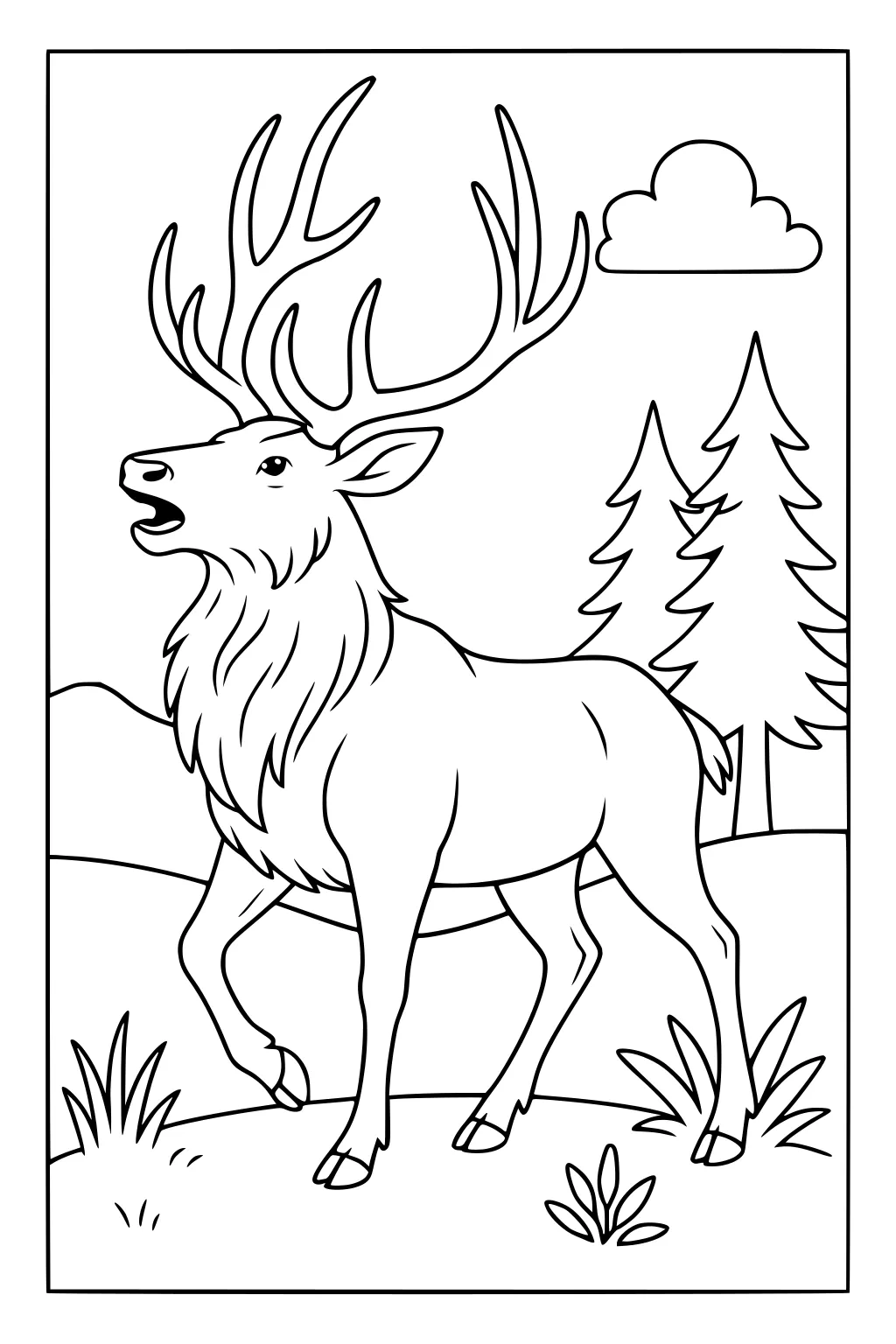 Outlined elk with large antlers walking in grass, two pine trees, hill, and a single cloud in the background.