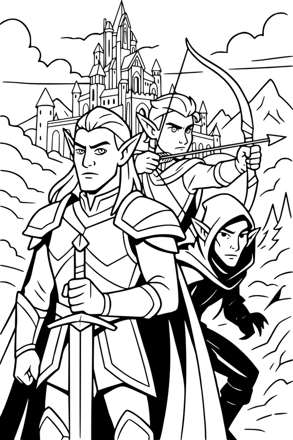 Free Elf Guardians Coloring Page - Three Elves Defending a Castle (Printable PDF)