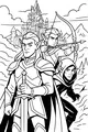 Free Elf Guardians Coloring Page - Three Elves Defending a Castle (Printable PDF)
