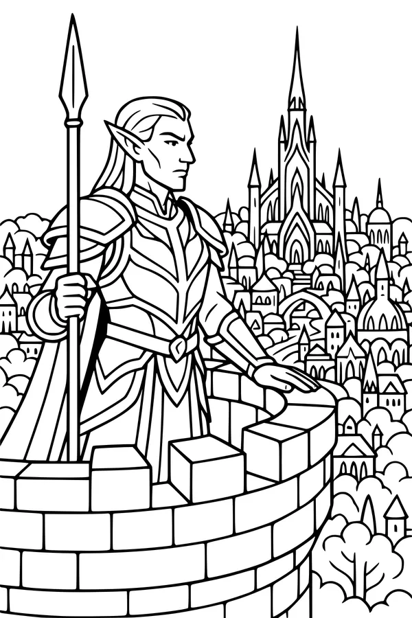 Free Elf Knight Coloring Page - Guardian of the Elven City Spires (Printable PDF)