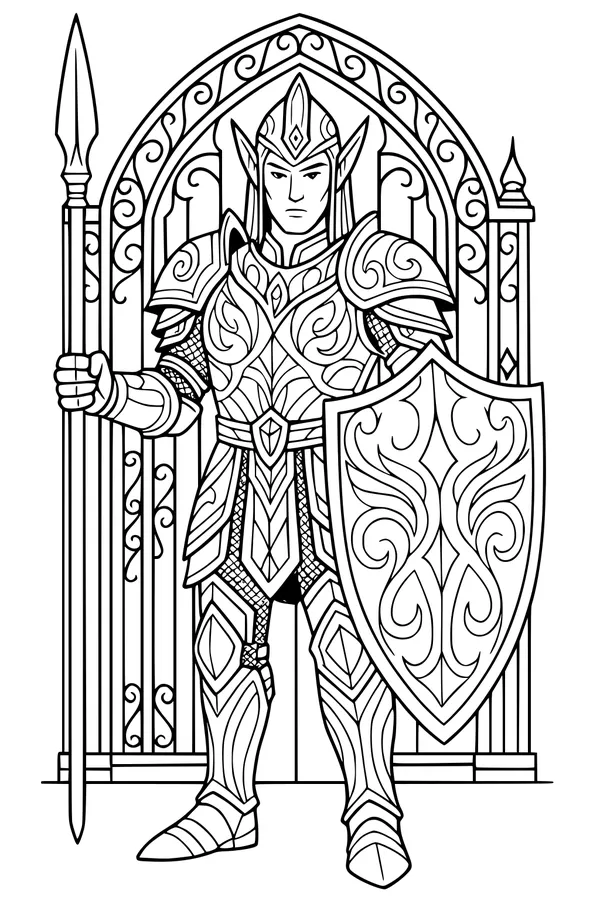 Free Elf Guardian Coloring Page - Armored Gate Sentinel (Printable PDF)