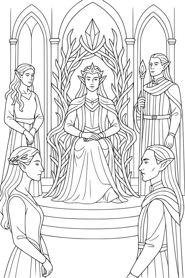 Free Elven Queen Coloring Page - Leafy Throne in Royal Court (Printable PDF)