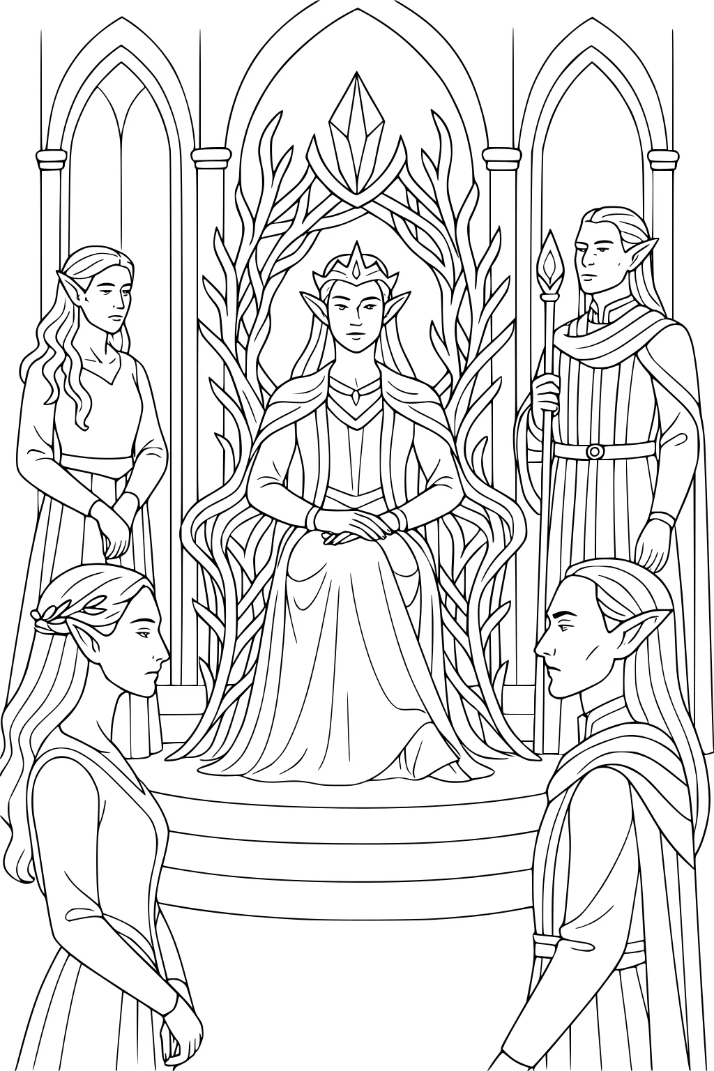Elven queen on leafy throne with crown, four elves attend in arched hall; a guard holds a staff; long robes and pointed ears.