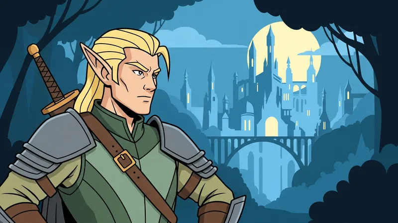 An elf ranger overlooking a vast forest canopy lit by faint lanterns and moonlight.