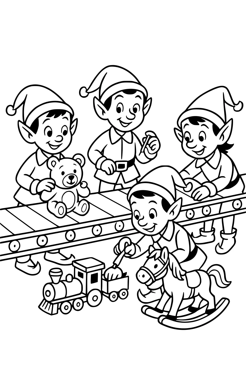Four elves at a workshop conveyor; teddy bear on belt; a boy paints a toy train while sitting on a rocking horse.