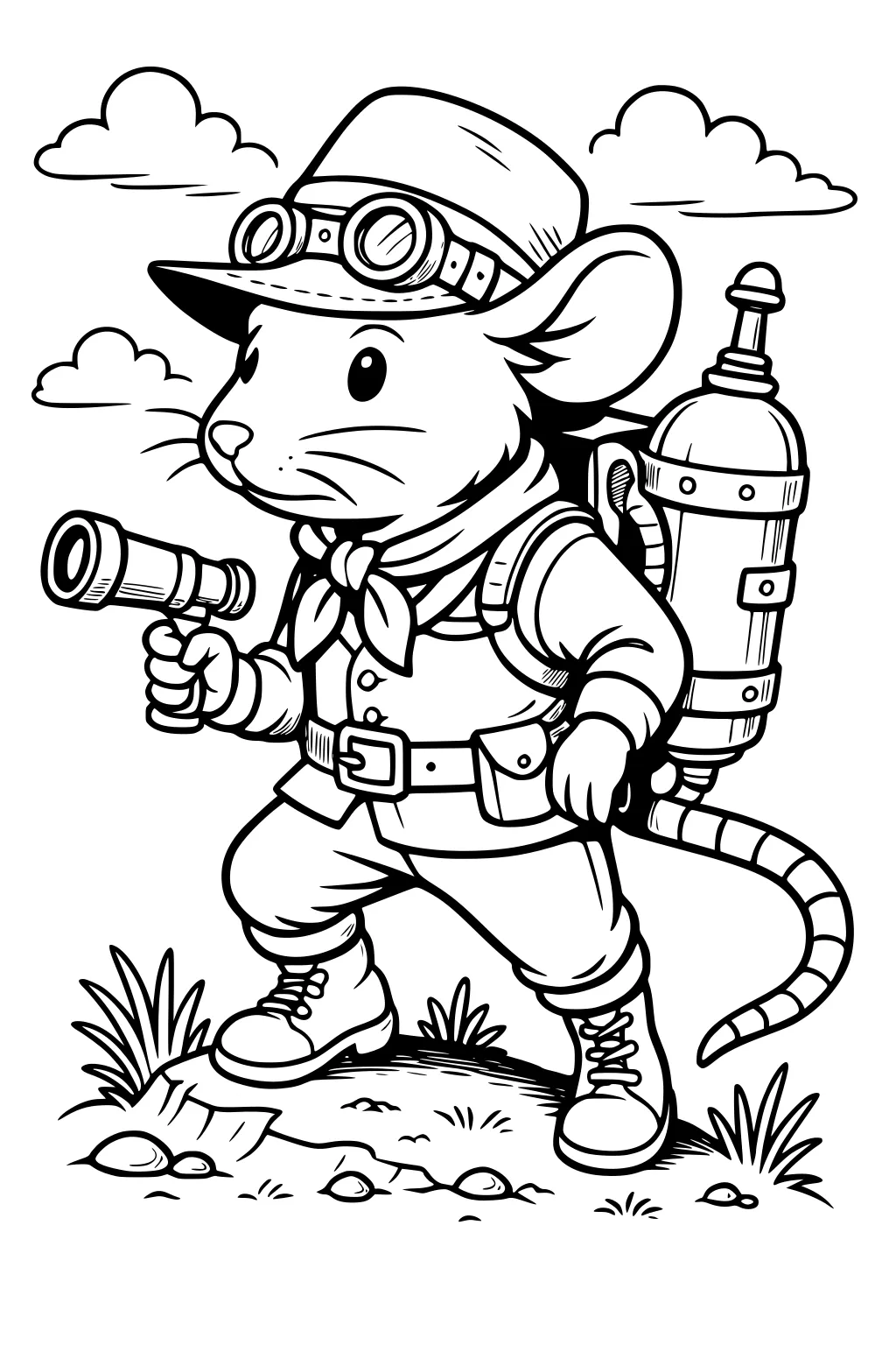 Rat in explorer outfit with jetpack and spyglass, standing outside on grass with clouds in the sky.