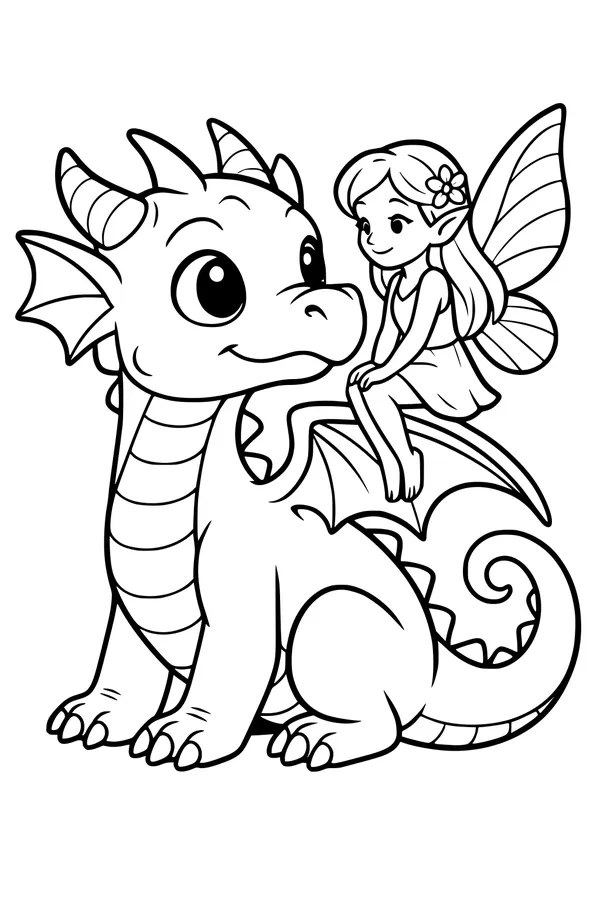 Free Baby Dragon Coloring Page - Fairy Friend Sitting on Wing (Printable PDF)