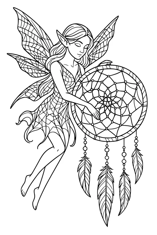 Free Fairy Coloring Page - Moonlight Elf Girl With Dreamcatcher (Printable PDF)
