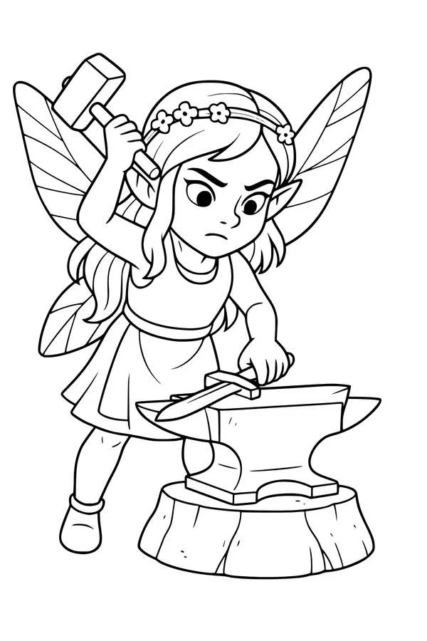 Free Fairy Blacksmith Coloring Page - Brave Forge on a Forest Anvil (Printable PDF)