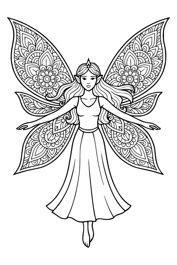 Free Fairy Coloring Page - Elf-Eared Girl With Mandala Wings (Printable PDF)