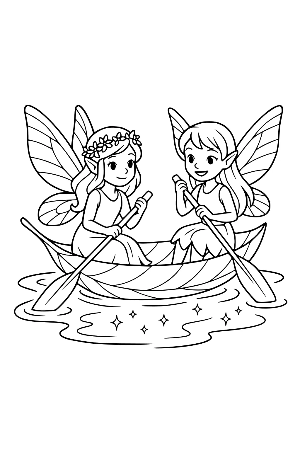 Two fairy girls row a striped leaf boat with paddles on sparkling water, wings spread; one wears a flower crown.