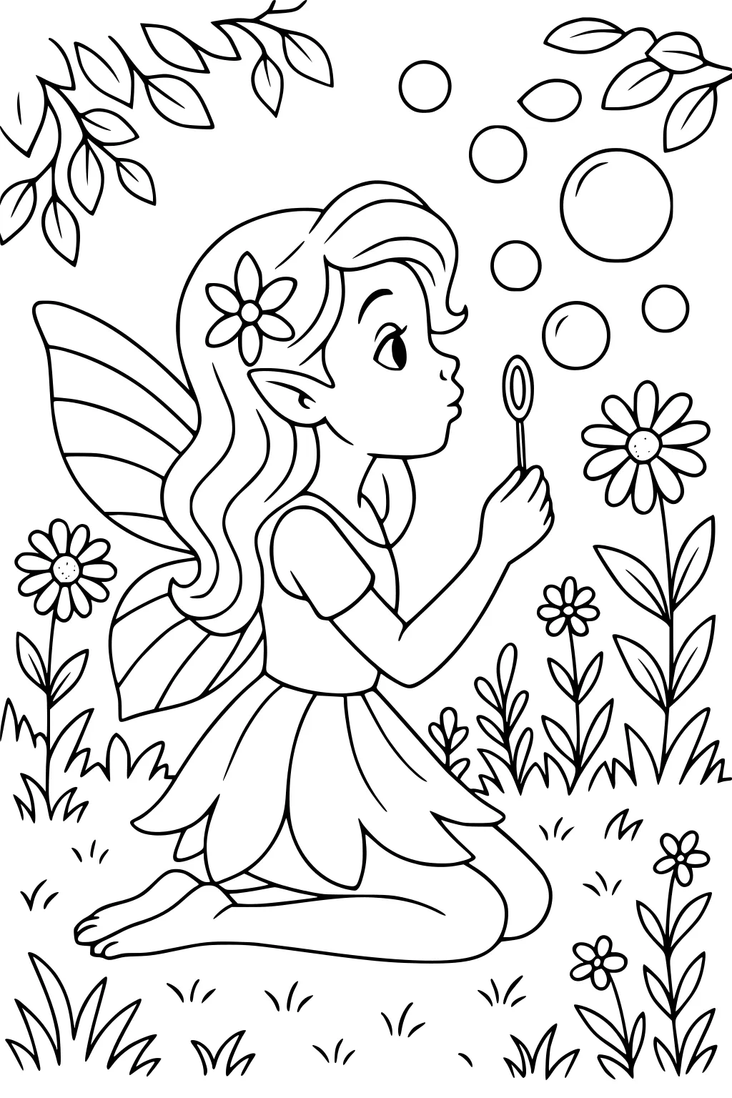 Fairy girl kneeling in grass, blowing bubbles with a wand among daisies, with striped wings and leaves overhead.